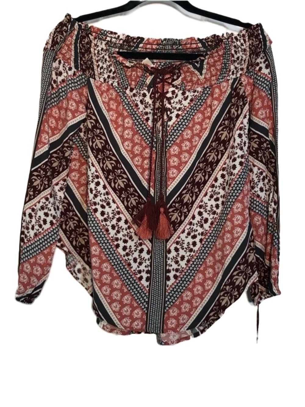 NWT Knox Rose Boho Peasant Off The Shoulder Blouse Tassels Self Tie at Neckline
